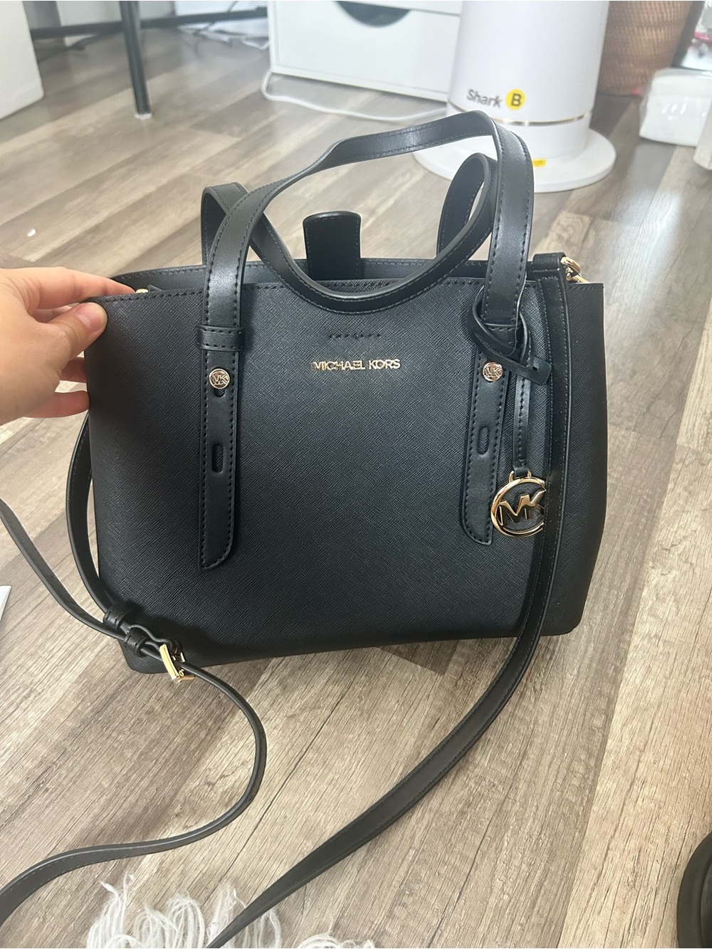 Michael Kors Black Saffiano Handbag with Gold Accents and Shoulders strap